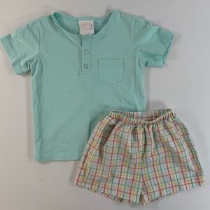 Whimsy Bay Kids - Boys Mint Henley Shirt Plaid Shorts Outfit Set - 3T Spring